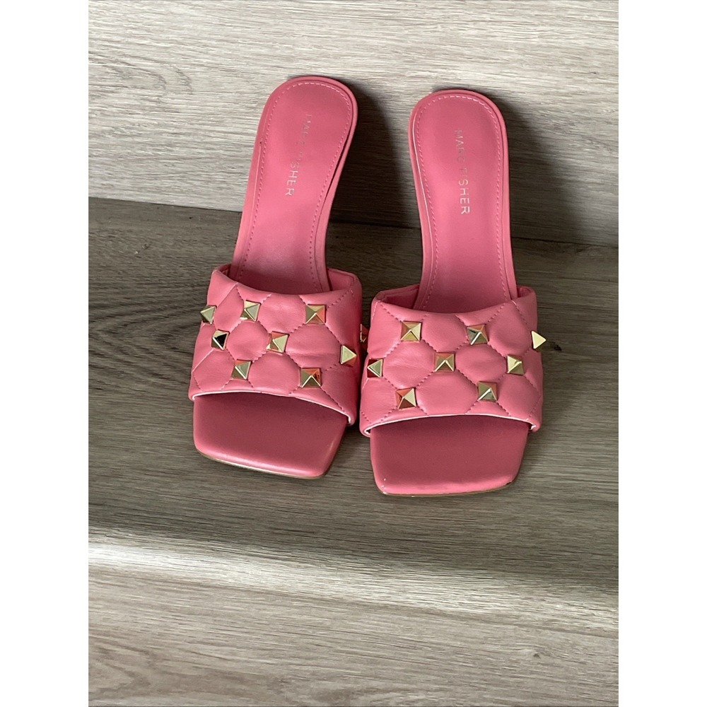 Marc Fisher Size 8M Salmon Pink Studded Slide Heels‎ Square Toe Mule Sandals